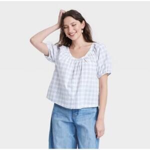Universal Thread Puff Sleeve Plaid Blouse Women’s XL – Casual Summer Top